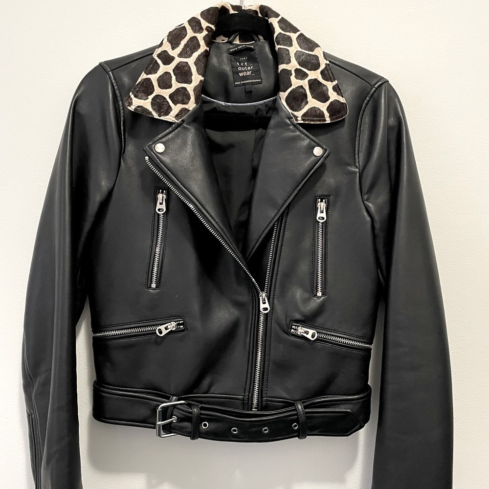 Zara Faux Leather Jacket, Rolling Stones Patch and Animal Print Collar, M